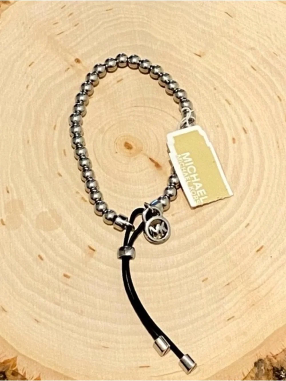 Michael Kors Silver-Tone Beaded Stretch Black Cord Bracelet NWT includes MK Bag
